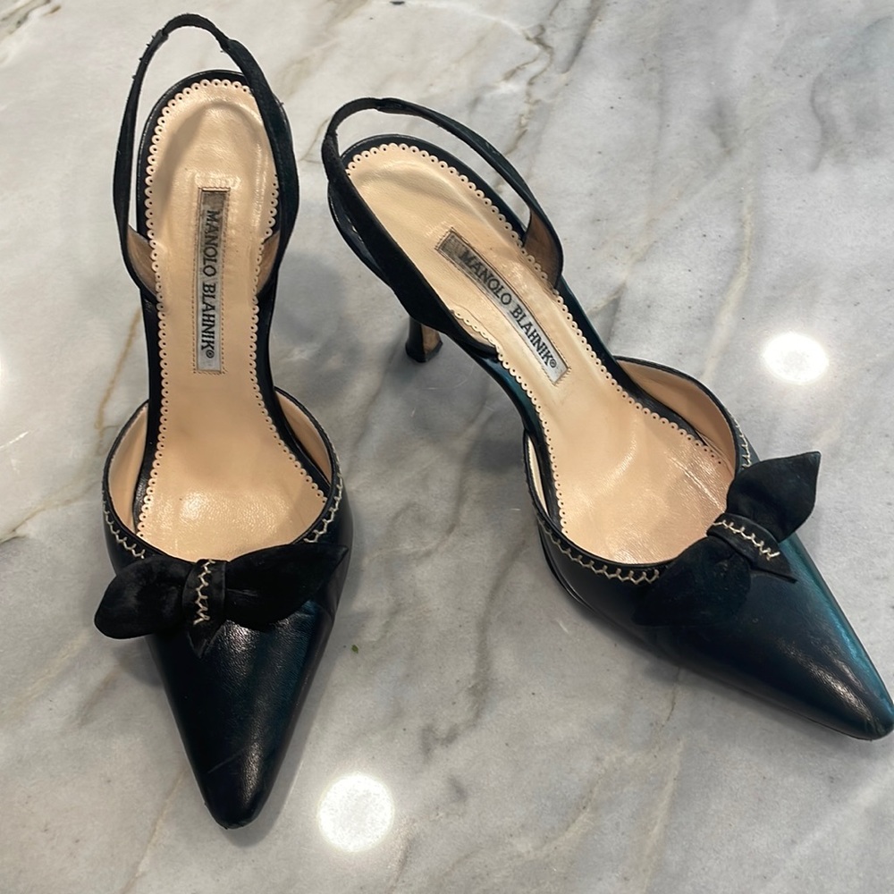 Manolo Blahnik black leather sling back